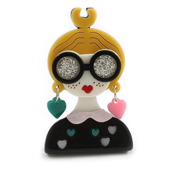 Stylish Girl in The Glasses Acrylic Brooch in Yellow/Black/White -
