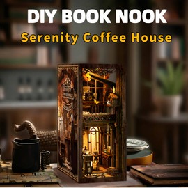 ATAEFR Book Nook Kit for Adults, DIY Miniature Coffee House Book Nook Kit with LED Light, 3D Wooden Bookshelf Puzzle, Dustproof Decor for Adults & Teens for Craft Lovers