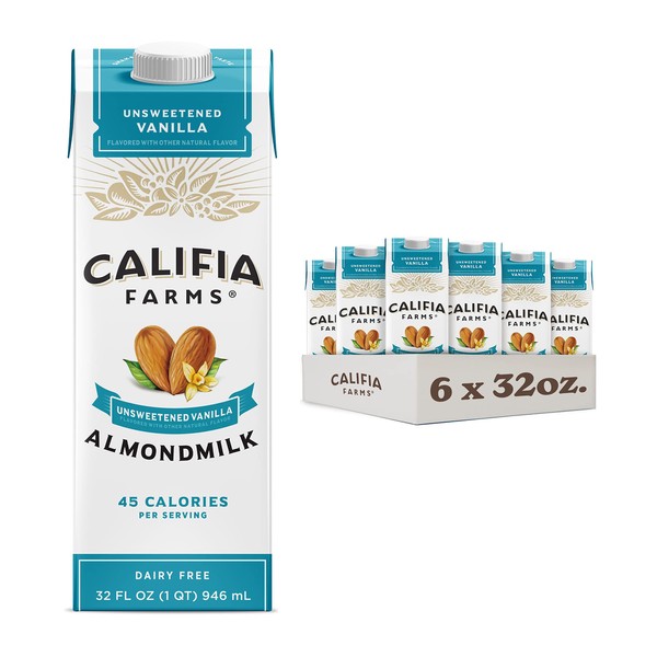 Califia Farms - Unsweetened Vanilla Almond Milk, 32 Oz (Pack of 6), Dairy Free, Vegan, Plant Based, Keto, Shelf Stable, Vegan, Gluten Free, Non GMO, Sugar Free, High Calcium, Smoothie
