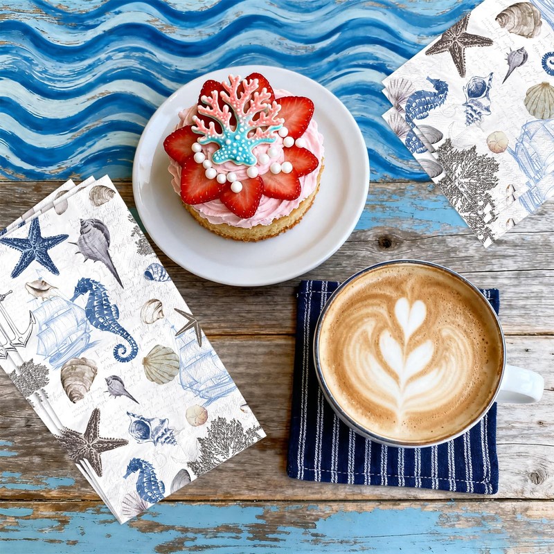 100 Pcs Coastal Nautical Paper Napkins 3 Ply Sea Starfish