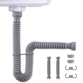 iFealClear 2 Pack P-Trap Drain Pipe, Flexible Sink Drain Pipe with 4 Rubber Sealing Rings, Expandable 11"-34.5" P Trap Tube Fits 1-1/2'', 1-1/4'' Holes for Kitchen, Bathroom, Garbage Disposal, Gray