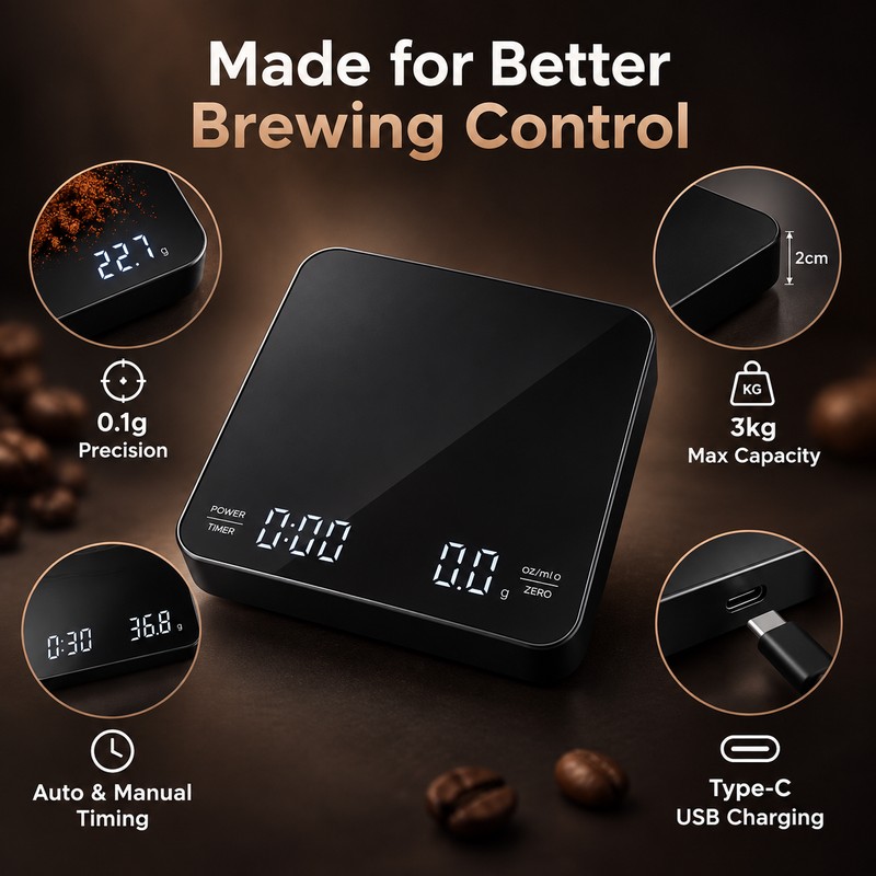Digital Coffee Scale for Pour-Over Brewing – 3kg Capacity, 0.1g