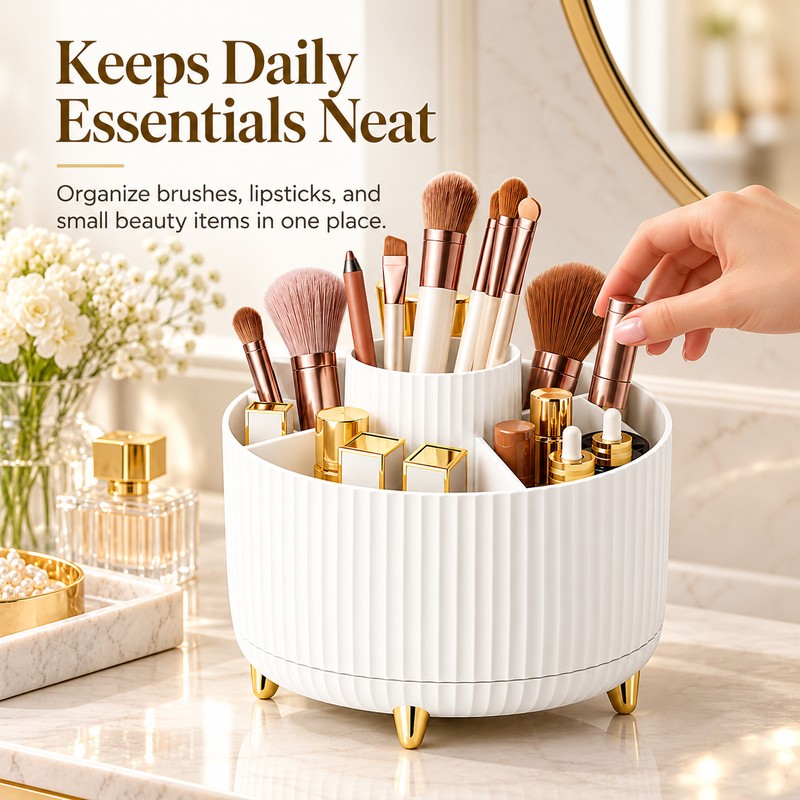 360° Rotating Makeup Organizer for Vanity – Multi-Compartment Cosmetic Storage