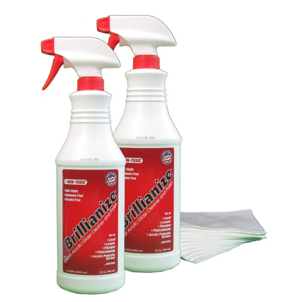 Brillianize 32 Ounce (944 ml) Trigger Spray Bottles - 2 Pack and 40 SofKloth Polyester Polishing Cloths