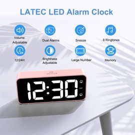 LATEC Digital Alarm Clock, LED Digital Alarm Clock with 2 Alarms, Snooze, Digital Clock with USB Charging Port, 0-100% Brightness Dimmer, 90-120dB Alarm Volume, 8 Ringtones, 12/24H, Mains Powered