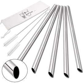 [Angled Tips] 5 Pcs 10" Reusable Bubble Tea Straws & Smoothie Straws, 0.5" Wide Stainless Steel Straw, Metal Straw for Boba, Tapioca Pearl, Milkshakes, Jumbo Drinks | 2 Cleaning Brushes