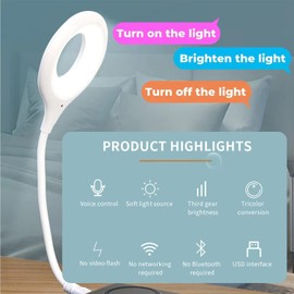 Voice Control Table Lamp, USB LED Desk Lamp with Sound Activated 3 Lighting Modes, Portable Brightness Adjustable Bedside Night Light, Soft Eyes Nightlight for Home Study Breastfeeding Reading Sleep