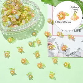UR URLIFEHALL 100 Pcs Acrylic Flower Charms with Green Leaf Colourful Floral Charms Pendants for Crafting Jewellery Making Earring Keychain