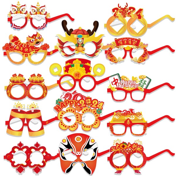 HOWAF 28Pcs Chinese New Year Glasses for Chinese New Year Decorations 2024, Lunar New Year 2024 Dragon Lantern Glasses Photo Props for Kids Adults Spring Festival Fancy Dress Costume Decoration, Red