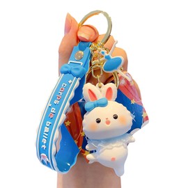TOU-BEGUIN Charms Keychain, Cute Kawaii Dancing Rabbit Car Key Ring Decoration, Delicate Handbag Keys PVC Accessories Gifts for Kids Boys Girls Women White