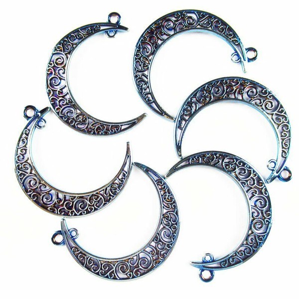 5Pcs Carved Blue Plated Tibetan Silver Hollowing Moon Pendant 40x8x1mm SH1662