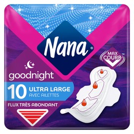 Nana Ultra Goodnight Hygienic Napkins with Wings - Flux Very Abondants - 10 Napkins in Single Bag