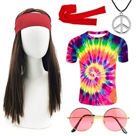 iZoeL Hippie Costumes Hippie T-Shirt Hippie Wigs Set for Women Men - Hippie Sunglasses Peace Necklace Headband - Rock Star Party Rockstar Day -60s 70s 80s 90s Accessories