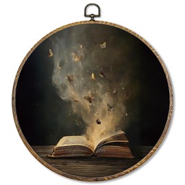 Sufamb Dark Academia Butterfly Book Round Wall Art Decor, Vintage Moody Bookish Canvas Artwork Framed, Book Club Wall Hanging Prints Decorations for Reading Room Library Gallery Decor, 10x10 Inches