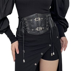 Sup-Coente Goth Black Wide Waist Belt Women Leather Elastic Stretch Corset Belt Gothic Punk Victorian Pirate Alt Emo Fashion