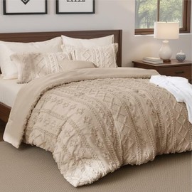 3-Piece Elegant Tufted Farmhouse Boho Comforter Set California King Size Khaki Brown Color | Eclectic Bohemian Plain Weave Geometric Patchwork Pattern | Textured Durable Soft Shabby Chic Bedding Set