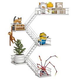 Fire Escape Shelf - 5 Tier Metal White Fire Escape Wall Shelf with Baskets, New York Action Cool Figurine Display Shelf, Unique Floating Decorative Wall Shelves for Bedroom, Bathroom, Living Room