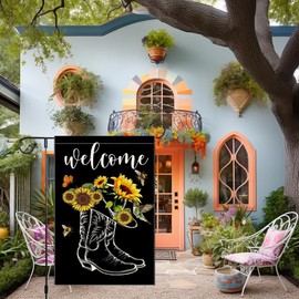 Welcome Spring Summer Garden Flag 12x18 inch Double Sided Vertical Burlap Sunflowers Bee Hummingbird Butterfly Outdoor Lawn Patio Rustic Farmhouse Flags Decor