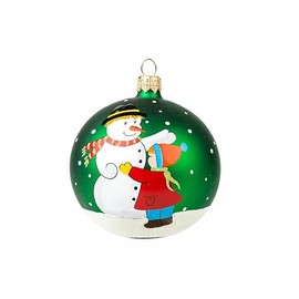 3-inch Small Glass Christmas Tree Ornament Snowman and Child Mouth-Blown Glass Ball Snowflakes on Green 80mm/3in