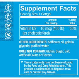 The Vitamin Shoppe Vitamin D3 400IU - Bone Immune & Cellular Health | Cholecalciferol Softgels | 200 Softgels | Gluten-Free