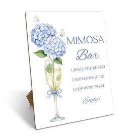 Mimosa Bar Sign With Stand, Blue Hydrangea Mimosa Bar Supplies Decorations, Brunch Dessert Table Decor Sign, Bubbly Bar Sign For Wedding Engagement Birthday Christmas Party, 08