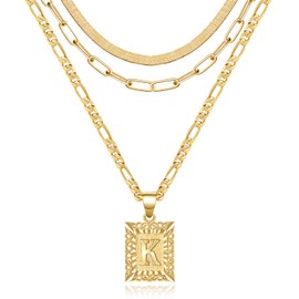 KissYan Gold Layered Initial Necklace Set for Womens, 14K Gold Plated Letter K Pendant Necklaces Paperclip Snake Choker Alphabets from A-Z Figaro Chain Jewelry Gift