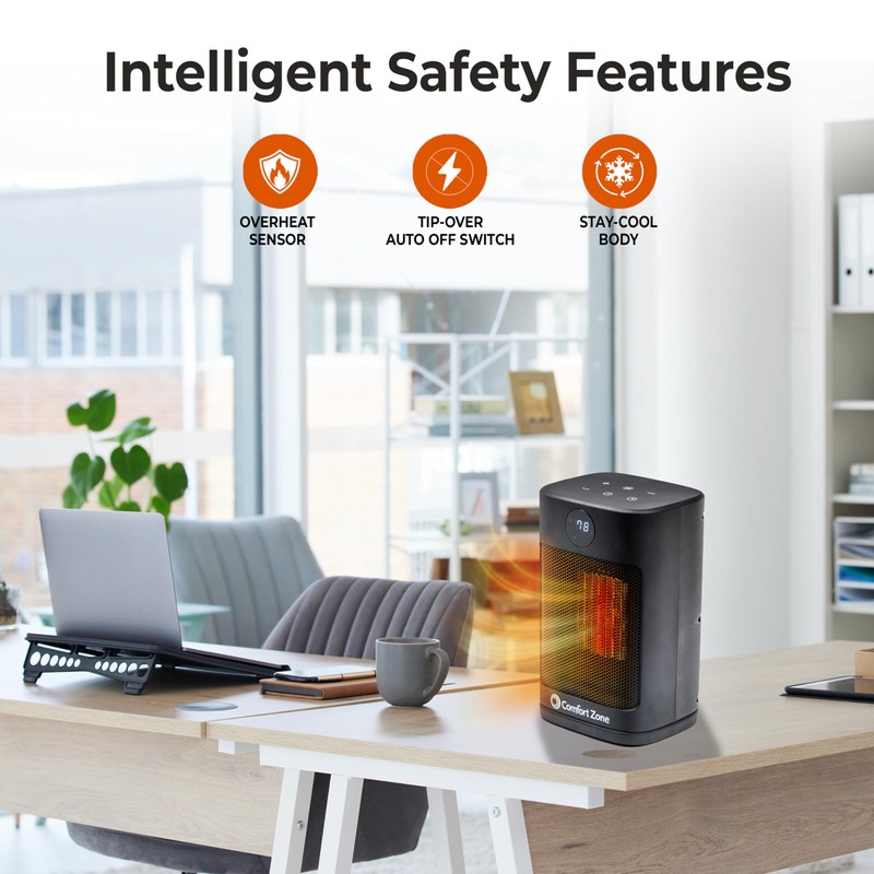 Comfort Zone Oscillating Desktop Heater with Remote Control for Indoor