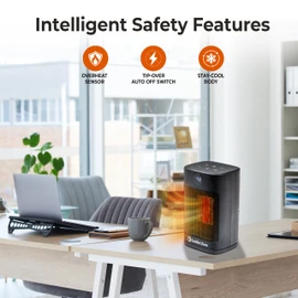 Comfort Zone Oscillating Desktop Heater with Remote Control for Indoor Use, Adjustable Thermostat, Overheat Protection, Tip-Over Switch, Carry Handle, Ideal for Home, Bedroom, or Office, HT1128A-BLK