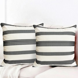 RYSMIYOU Decorative Throw Pillow Covers Set of 2 Black Pillow Covers 20x20 inch Throw Pillows Linen Square Pillow Case,Farmhouse Outdoor Modern Boho Striped Pillow Covers for Couch Sofa Living Room