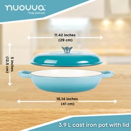 Cast Iron Dutch Oven with Lid – Non Stick Shallow Dutch Oven Pot, Oven Safe up to 500° F – Sturdy Cooking Pot – Enamelled Stockpot Cookware – Blue, 3.7-Quart, 30cm – by Nuovva