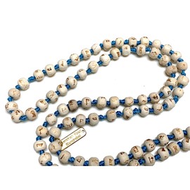 Tulsi Mala Beads Necklace w/ 5 Mukhi Rudraksha – 8mm Beads with "Ram" Inscription – Root Chakra & Aries Birthstone – Meditation Jewelry (Turquoise String/Tassel)