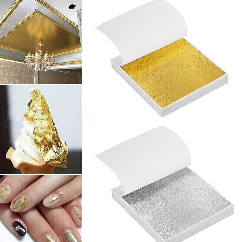 100Pcs Gilding Gold Silver Leaf Sheet Book Foil Paper Decorating