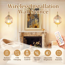 FFVU Vintage Battery Wall Sconce with Flower lampshade,Rechargeable Battery Powered Wall Lights,Wall lamp with 15 Colors for Bedroom Living Room Home Decor (Amber Tulip, 2 Light Battery Operated)