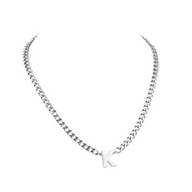 MeMeDIY Initial A-Z Cuban Link Chain Necklace for Men Women Letter Charms Stainless Steel Chain 6mm 18+2 Inches Graduation Gifts for Him Boyfriend Husband (K - Silver)
