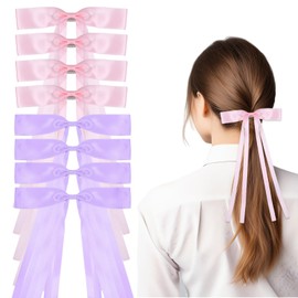8 PCS Silky Satin Hair Bows Clips, Ribbon Pink Hair Clips Hair Bowknot with Long Tail, Metal Clip Red Ribbon Bow Barrettes French Accessories for Women Girls Toddlers Teens Kids