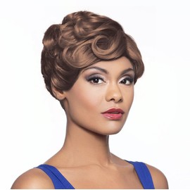 Foxy Silver Sharon Wig Color FS4/27 - Short Wavy J-Part Lace Classy Side Swept Bangs Heat Resistant Synthetic African American Average Cap Bundle Hairloss Booklet, Comb