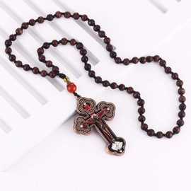COTTVOTT Wood Rosary Beads Cross Necklace Men Prayer Orthodox Crucifix Jesus Pendant Necklace (Bronze Color)