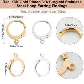 Beebeecraft 60Pcs Hoop Earring Findings 18K Gold Plated & 316 Surgical Stainless Steel Leverback Earring Hooks Round Huggie Hoop for Jewellery Making Leverback Earring Findings (Gold, Silver)