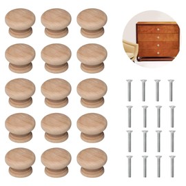 HIQE-FL Wooden Door Drawer Handles, Pack of 15 Furniture Knobs, Wooden Drawer Handles, Cupboard Knobs, Cabinet Knobs with Screws, Knobs for Cabinets and Drawers, Round, Wood