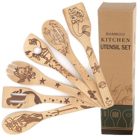 Bejky 6-Pcs Wooden Bamboo Spoons Set - Organic Food Cooking Utensils - Kitchen Accessories and Home Decor - Cookware Gifts for Women - Easy Wash Spatulas - 3D Engraved Patterns (Lady From the Sea)
