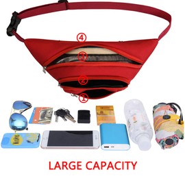 Waterproof Bum Bag Waist Bag for Men and Women, 3 Zip Pockets, Hiking, Outdoor, Sports, Waist Bag, Holiday Money Pouch Pack, red