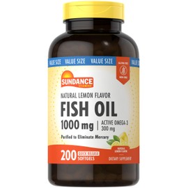 Sundance Fish Oil Softgels 1000mg with Active Omega-3 | 200 Softgels | Natural Lemon Flavor | Non-GMO and Gluten Free Supplement