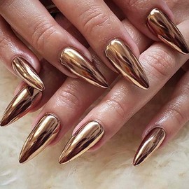 Medium Press on Nails Almond Fake Nails Bronze False Nails with Chrome Design Acrylic Full Cover Nails Artificial Nails Glossy Glue on Nails Stick on Nails for Women Manicure Decoration 24Pcs
