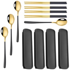 Stainless Steel Spoon and Chopsticks Set, 4 Sets of Black Gold, Portable Korean Style with Case, 2-Piece Set, Ideal for Home, Travel, and Parties