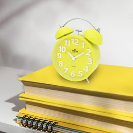 MPM Quality Design Metal Alarm Clock in Trendy Colours, Yellow, 3D Dial, Quartz Movement Sweep, LED Light Function, Analogue, Classic Ringing, Wakes Even the Biggest Sleepers, 155 x 110 x 55 mm