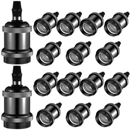 Hortsun 16 Packs E26 Vintage Ceramic Lamp Socket, Edison Industrial Pendant Metal Light Socket Replacement Screw in Light Bulb Holder for DIY Lighting, 600 Degrees Celsius Heat Resistant, Black