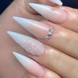 ANDGING White Press on Nails Stiletto Medium Length Fake Nails with Glue Acrylic Ombre Glitter Long fake nails with Designs Gel Manicure False Nail for Women Stick ons Nails for Girls Wedding