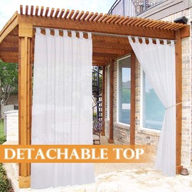 RYB HOME Sheer Outdoor Curtains - Detachable Sticky Tab Top Waterproof White Sheer Curtains for Patio Gazebo Porch Pool Case Indoor Outdoor Decor, 1 Gift Rope, 54 x 120 inch Long