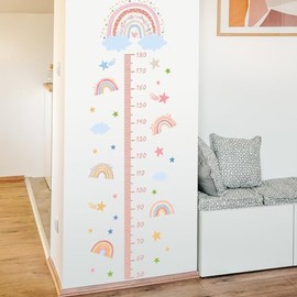 Tabla de crecimiento de altura de dibujos animados en 3D para niños, calcomanía de pared extraíble de arco iris rosa para despegar y pegar estrellas y nubes blancas, decoración de pared para