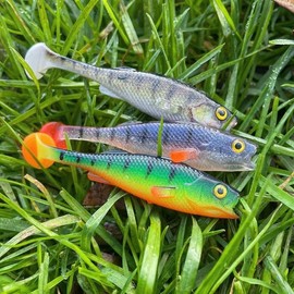 LMAB Perch Shad 7 cm, 9 cm, 11 cm, 14 cm, 18 cm, 23 cm KÖFI - Rubber Fish Fishing Lure, Artificial Bait, Soft Bait for Pike Fishing, Bass Fishing, Pike Bait (14 cm - Gold Tiger)